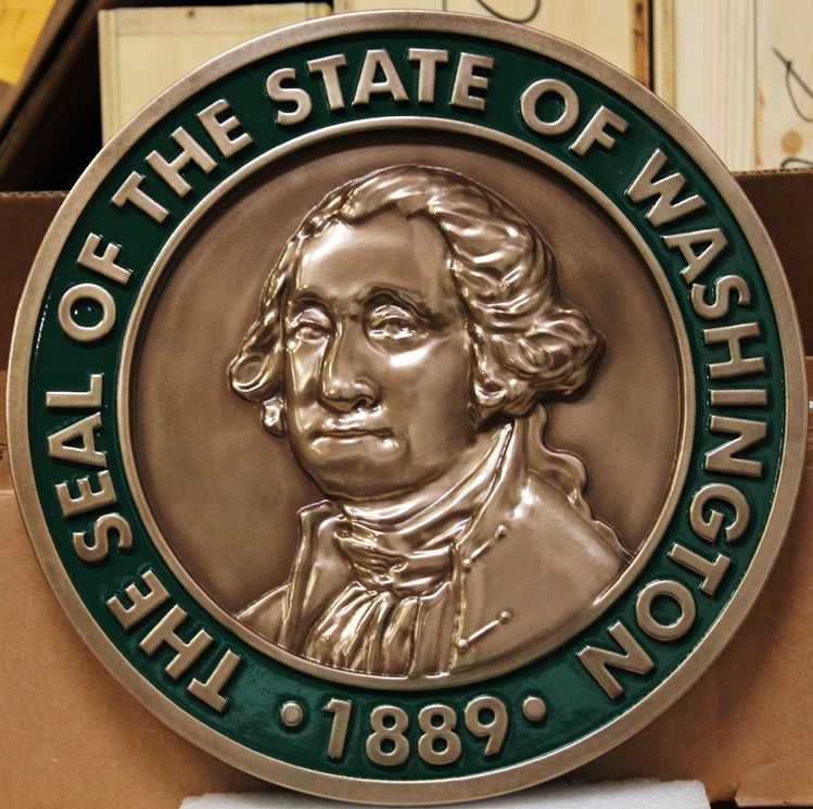 BP-1551 - Carved 3-D Bas-Relief Bronze-Plated Plaque of the Great Seal of the State of Washington 