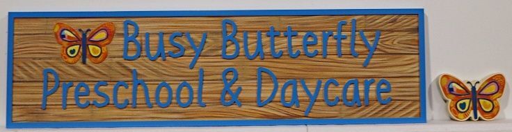 FA15950 - Carved and Sandblasted HDU Sign for "Busy Butterfly Preschool & Daycare" with Butterfly Artwork