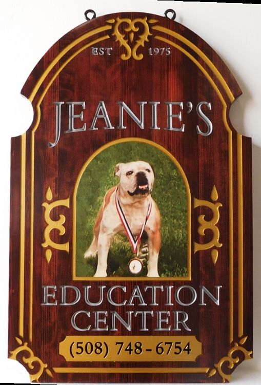 BB11796 - Carved  Mahogany Sign for Jeanie's Education Center, with Giclee Print of Bulldog