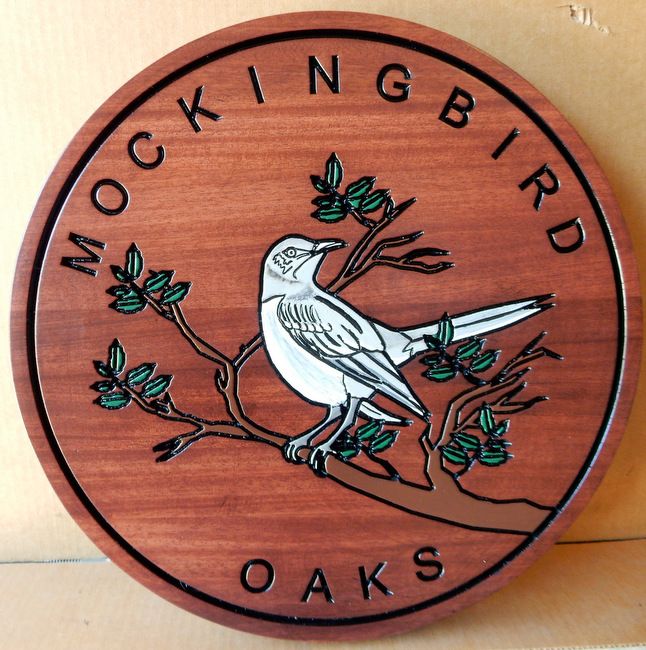 I18527 - Engraved Mahogany "Mockingbirds Oaks" Property Name  Sign, with Mockingbird Perched  on a Branch
