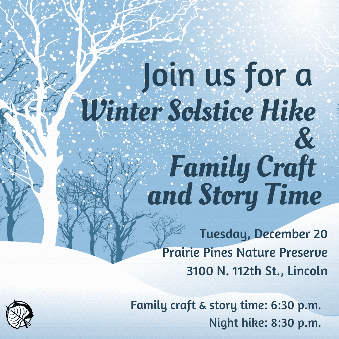 A winter tree scene and snow with the text "Join us for a Winter Solstice Hike."