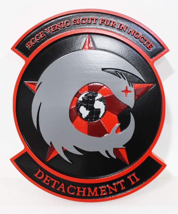 LP-8542 - Carved 2.5-D Raised Relief HDU Plaque of the Crest of USAF Detachment II, with Logo "Ecce Venio Sicut Fur in Nocte"