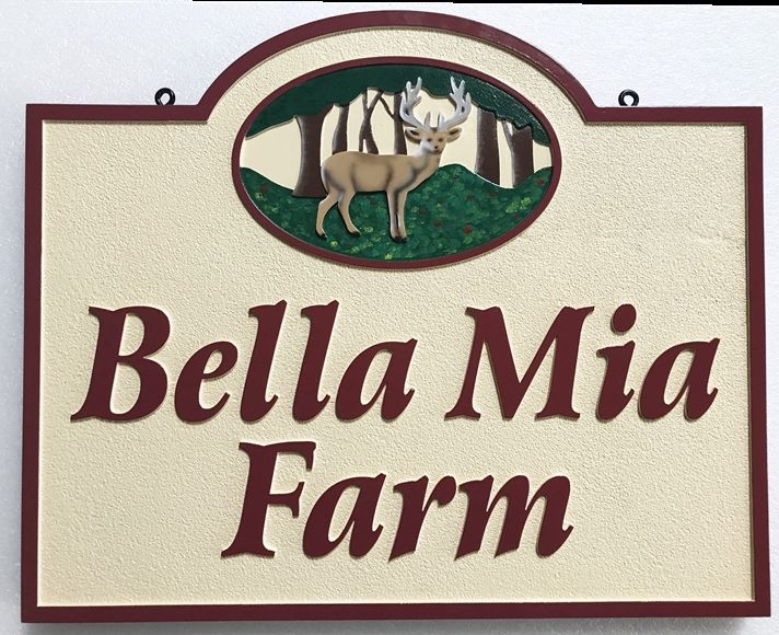 O24552 - Carved and Sandblasted  Entrance Sign for the Bella Mia Farm with Carved 3-D  Deer in a Forest