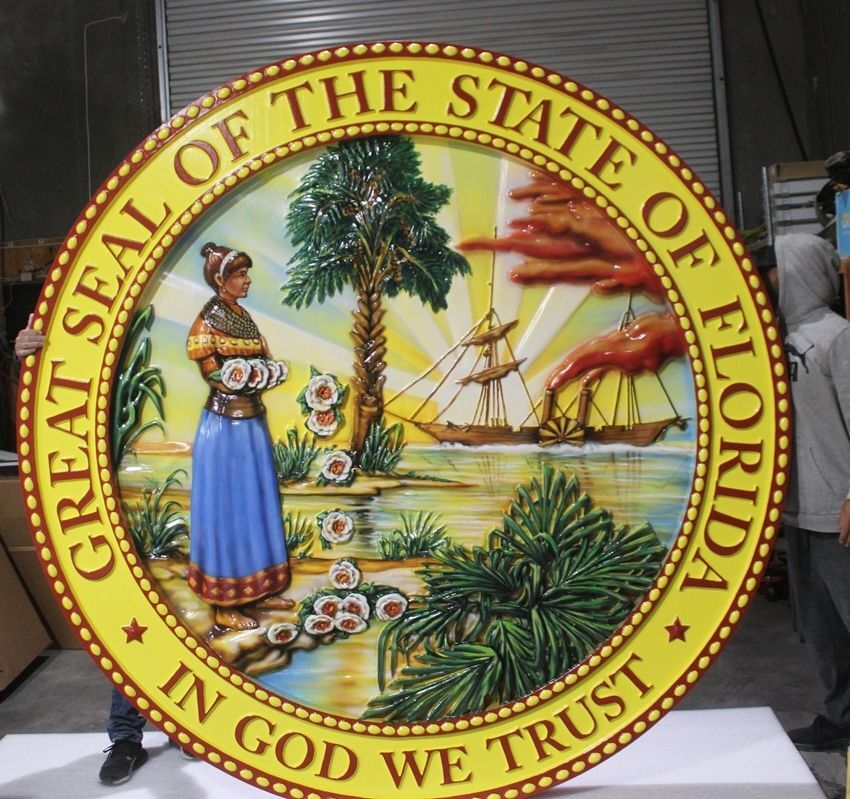 M2762 - Carved Ten Foot Diameter Carved Artist-painted Wall Plaque of the Great Seal of the State of Florida