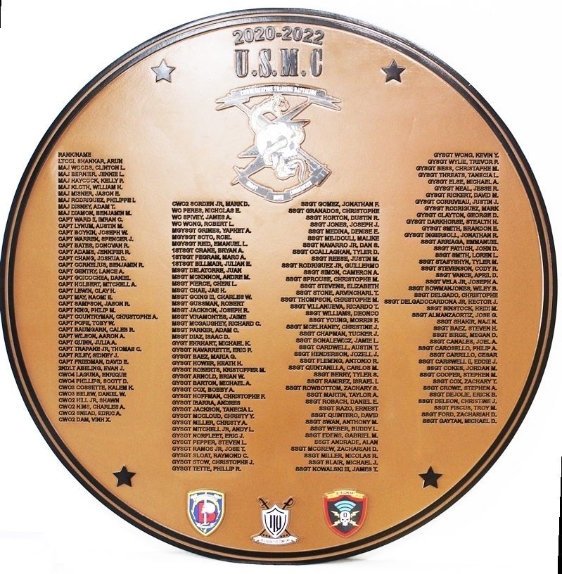 SB1153 - Round Engraved HDU  Plaque for the US Marine Corps Communications Training Battalion, with Names of Officers and NCOs 