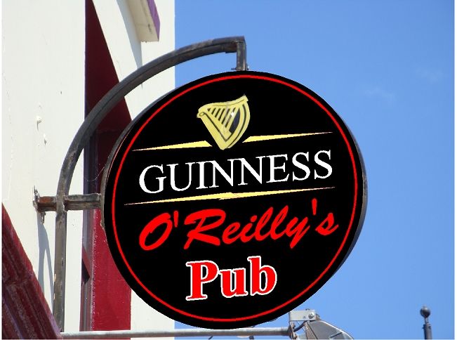 RB27638 - Carved Wood Irish Pub Sign with Guiness , and Irish Harp as Artwork