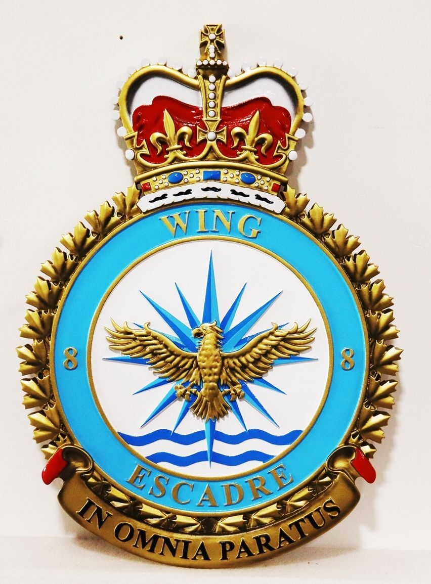 EP-1006 - Carved 3-D Bas-Relief Plaque of the Emblem of the Canadian  Royal  Air Force Wing Escadre,  with  Crown  and the Latin Motto "In Omnia Paratus" ( Ready for Anything )   