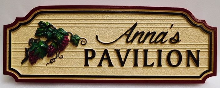 R27405 - Carved and Sandblasted Wood Grain  HDU Sign for  "Anna's Pavilion"   with  2.5-D  Grape Cluster , Stylized Text and  Double border
