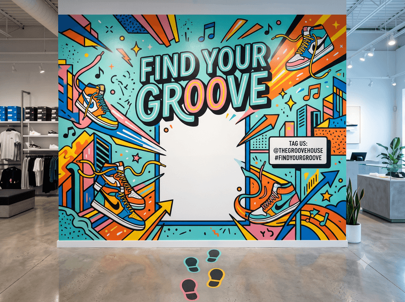 Instagram worthy wall mural with sneaker graphics and a "Find Your Groove" cutout photo frame for shoppers to pose in a retail store.