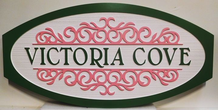 L21931 - Elegant  Carved and Sandblasted 2.5-D HDU Sign for the "Victoria Cove" Coastal Residence.