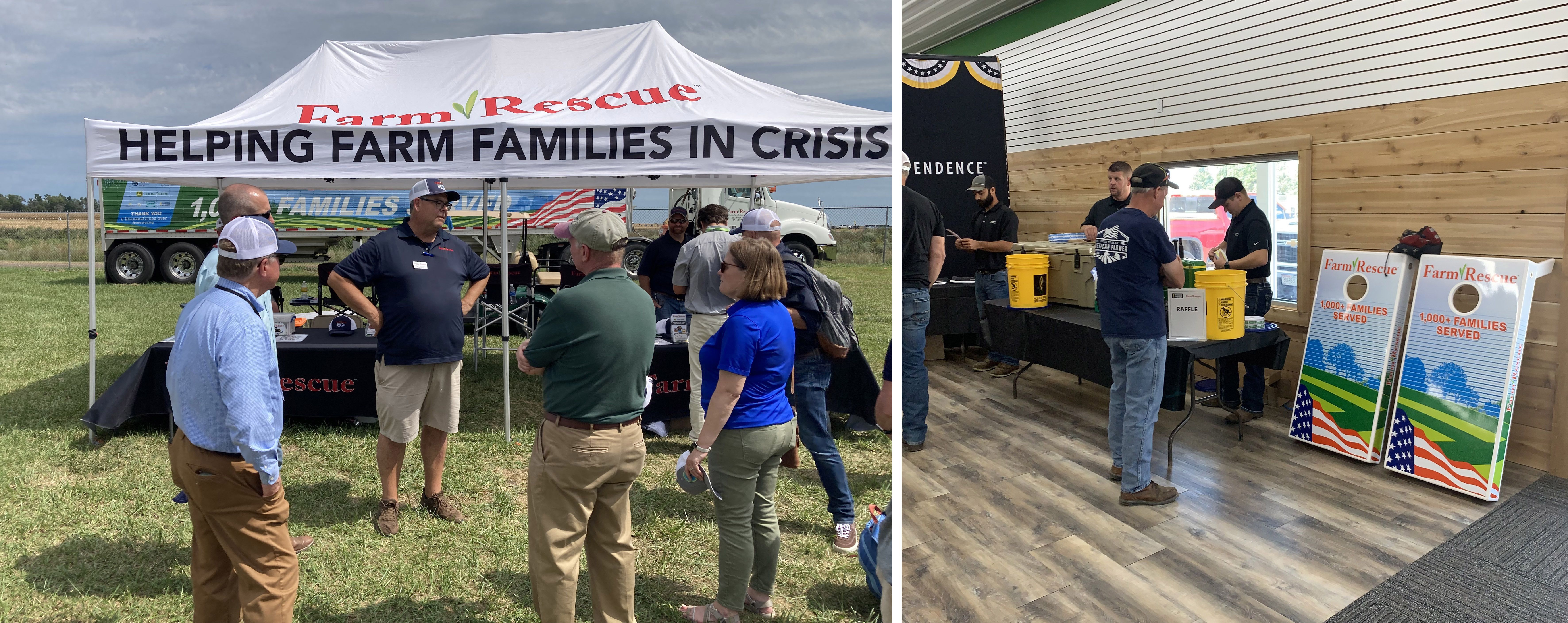 A group of Farm Progress attendees learn more about Farm Rescue's mission. Sloan Implement, Monroe, Wisconsin, and Wyffels Hybrids hosted a Farm Rescue Friday benefit.