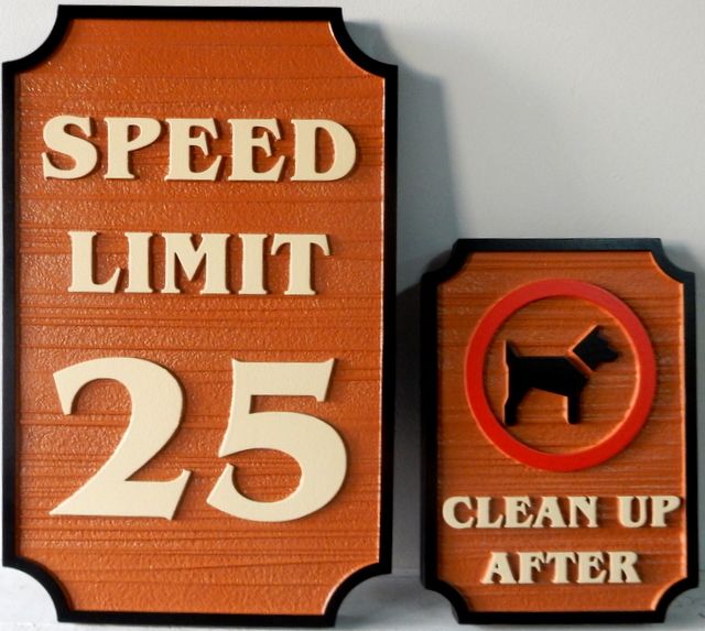 H17264 - Carved and Sandblasted Wood Grain (HDU) "Speed Limit 25"   and "Clean Up After Dog" Signs 