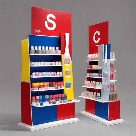 blue and gray cosmetic display made from cardboard foam board and styrene