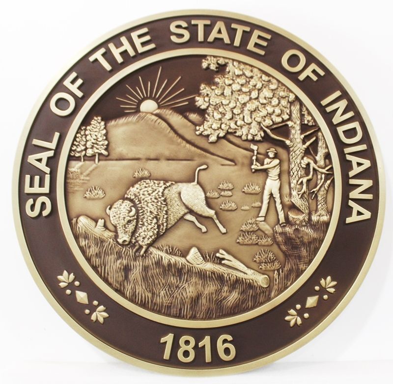 BP-1213A - Carved 2.5-D Multi-level Relief HDU Plaque of the Great Seal of the State of Indiana, Artist Painted in Brass and Bronze Sign Enamels