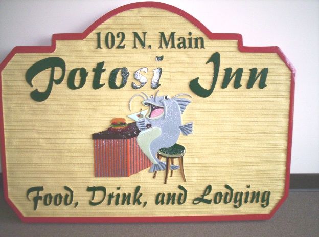 RB27133 - Carved HDU "Potosi Inn" Bar and Grill Sign, with Happy Catfish