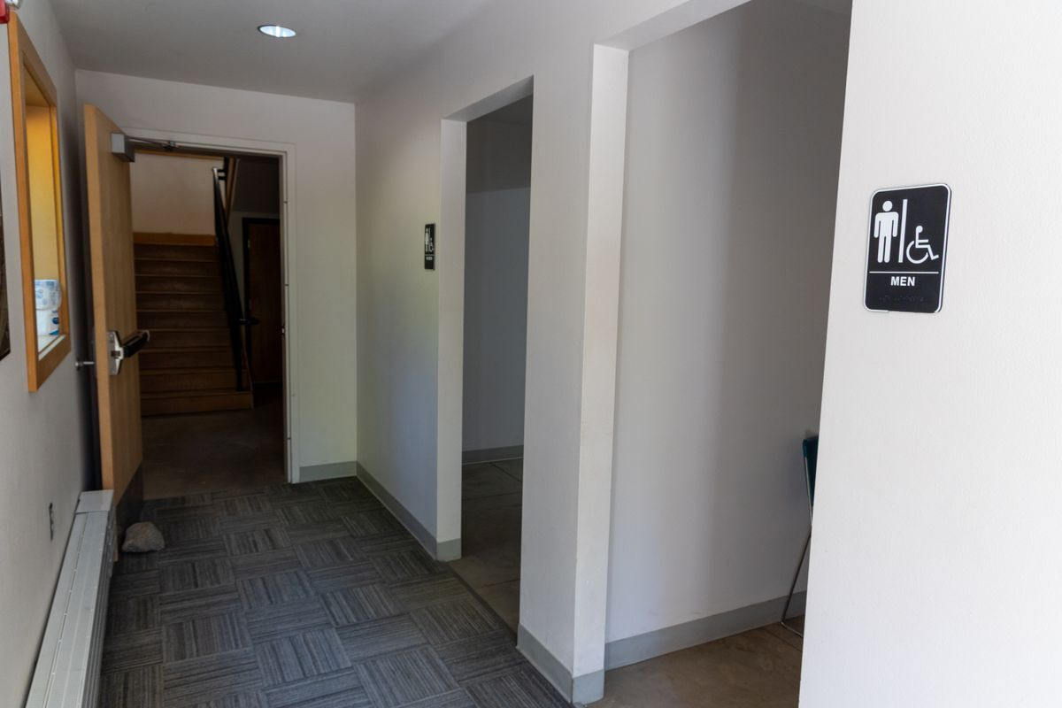 An image of the outside of the two bathrooms inside the Red Barn.