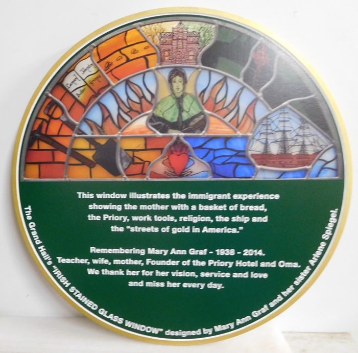 N23512- Carved  HDU Memorial Wall Plaque  for Mary Ann Graf, featuring the "Irish Stained Glass Window"  for the Priory Hotel