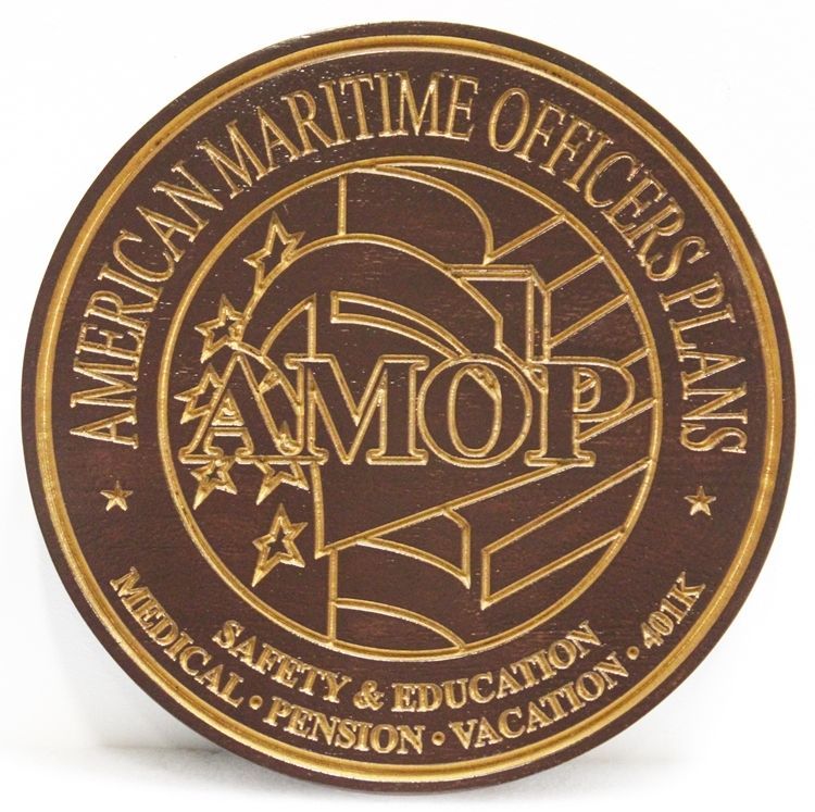 NP-2350 - Engraved HDU Plaque of the Seal of the American Maritime Officers Plans (AMOP), wth Gold-Leaf Gilded Text and Artwork 