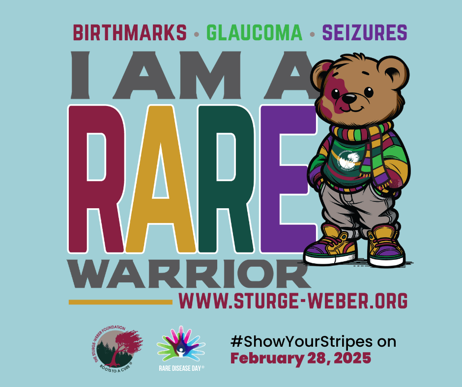 Drawing of teddy bear in a colorful striped sweater and scarf. Large letters to the left that say, "I am Rare" We're wearing our stripes for #RareDiseaseDay