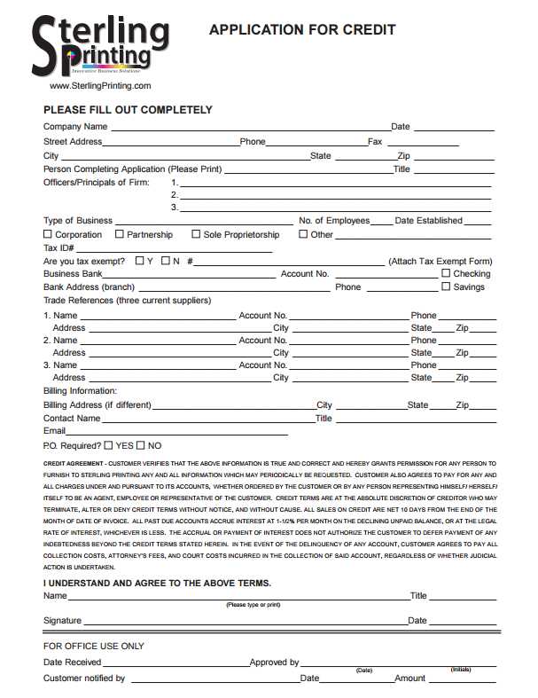 Click to download the Sterling Printing Credit Application