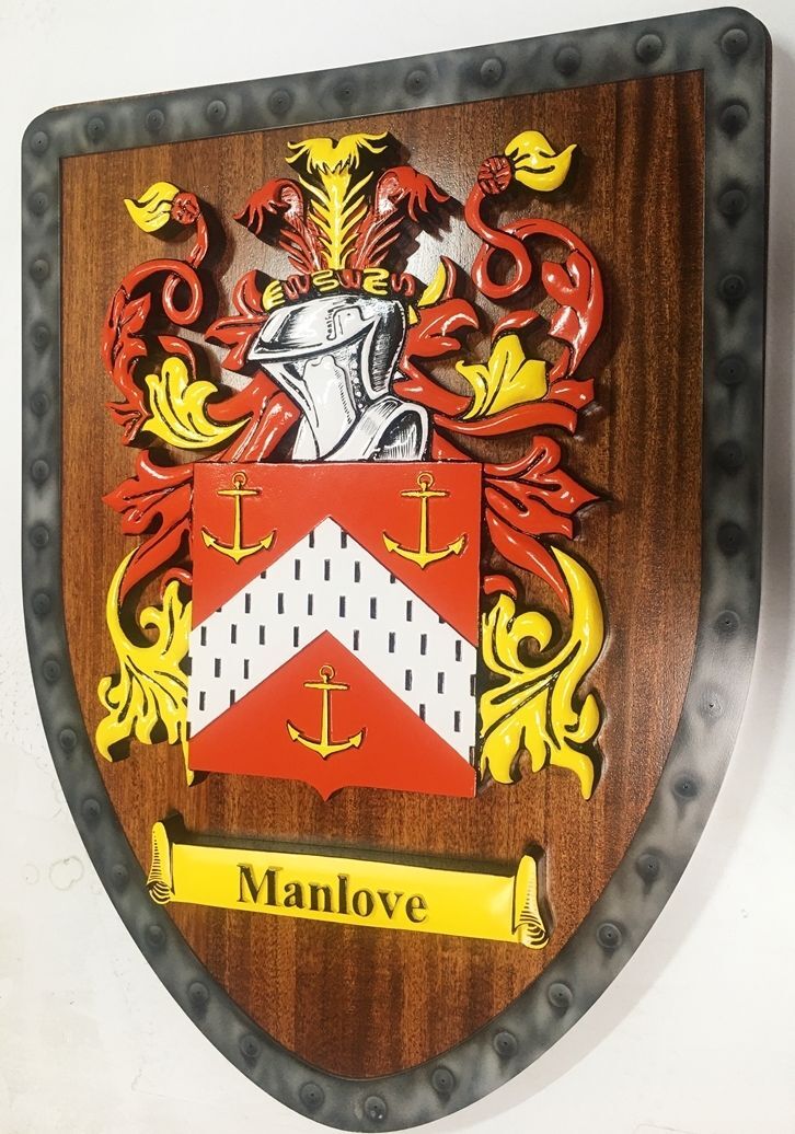 XP-2032 - Carved 3-D Bas Relief Mahogany Shield Plaque with Coat of Arms for Manlove Family with Square Shield, Anchors, and Helmet 