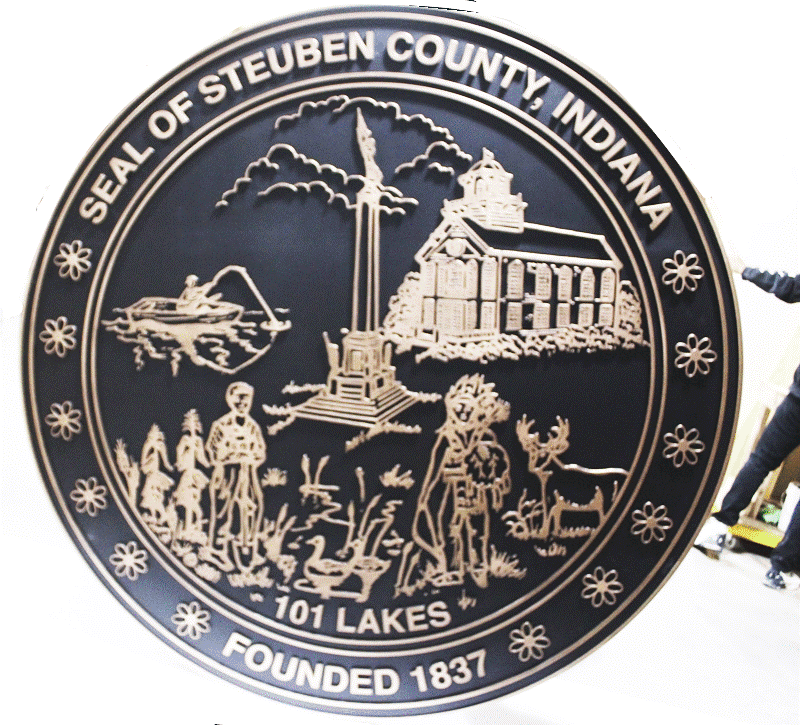 CP-1685- Carved 2.5-D Outline Relief Brass-Plated Plaque of the Seal of Steuben  County, Indiana