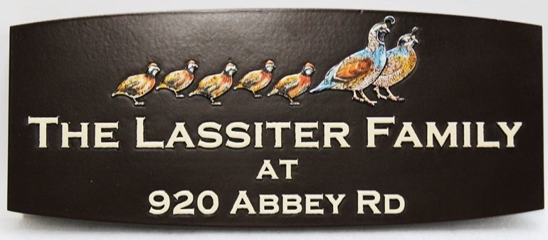 I18521 -  Carved High-Density-Urethane (HDU)  property name  Sign "The Lassiter Family", with a  Family of California Quail as Artwork, 