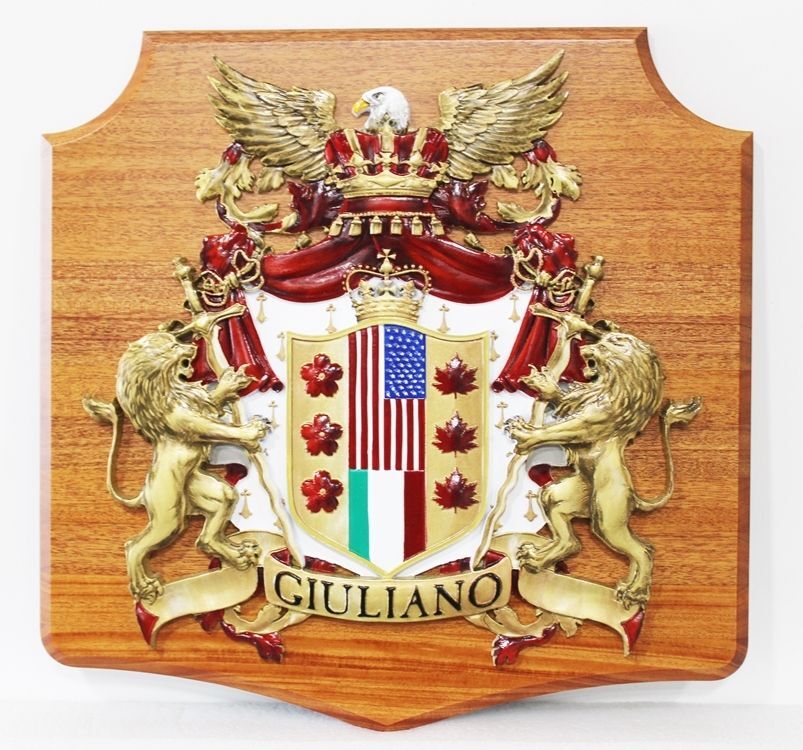 XP-2002- Carved 3-D Bas-Relief Plaque of the Coat-of-Arms for Giuliano Family, with Rampant Lions and Eagle, Mounted on Mahogany Base