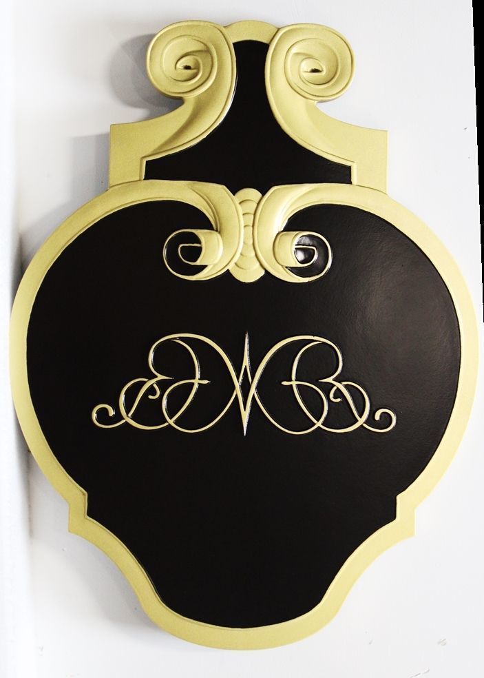 XP-1322 - Carved 3-D Wall Plaque of a Family Crest with a Monogram and Flourishes