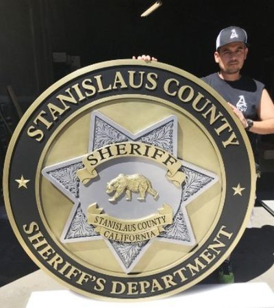 PP-1767- Carved Plaque of the Badge of the Sheriff's Department of Stanislaus County, California,  Brass Plated