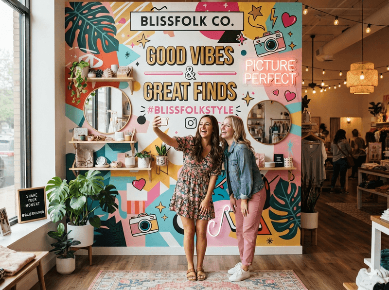 Instagrammable space with branded wall graphics, neon "Picture Perfect" sign, and mirrors for selfies.