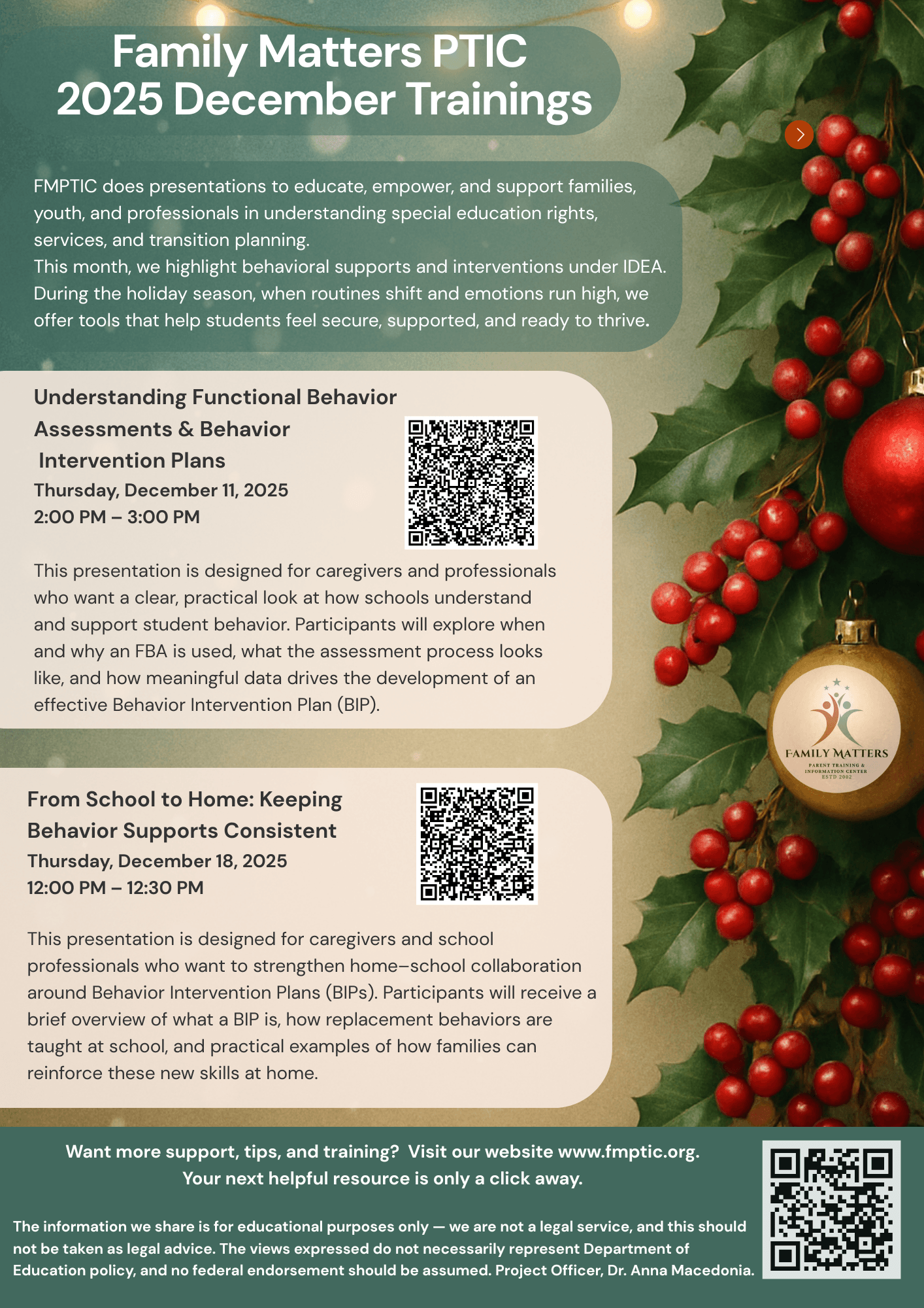 A holiday-themed flyer titled “Family Matters PTIC 2025 December Trainings.” The design includes greenery, red berries, and ornaments along the right side. The flyer describes two upcoming virtual presentations. The first training, “Understanding Function
