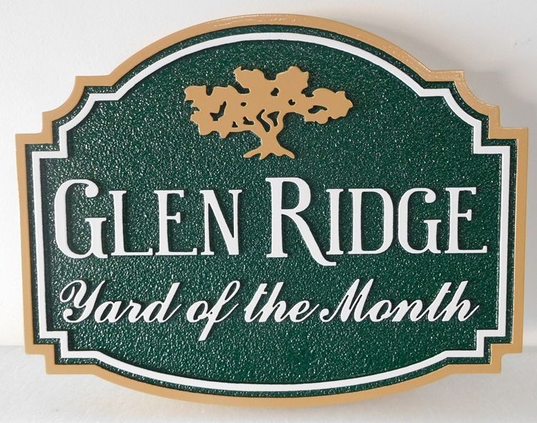 KA20933 - Carved "Glen Ridge" HOA Yard-of-the-Month Sign, with Stylized Logo of an Oak Tree