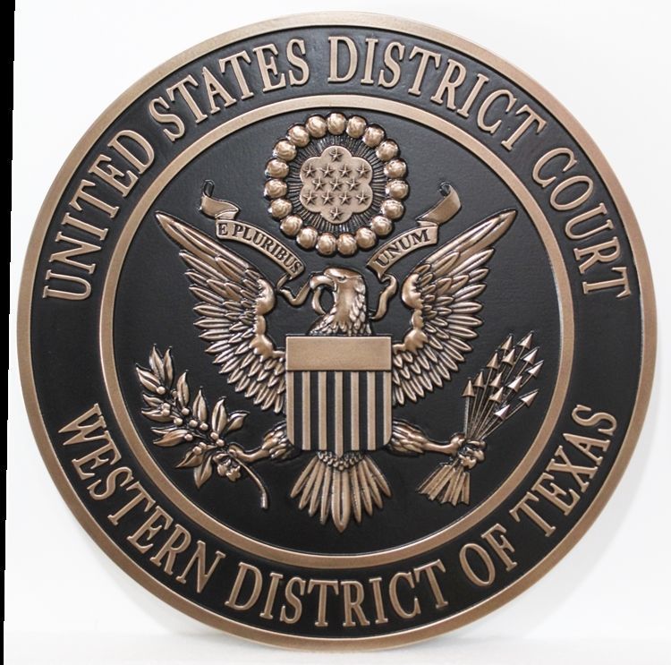 FP-1393 - Carved 3-D Bronze-Plated HDU Plaque of the Seal of the United States District Court, Western District of Texas 