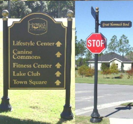 M4302 -  Examples of Double and Single Configurations for Aluminum Signposts, Round Post with Americana Base and Ball Finials