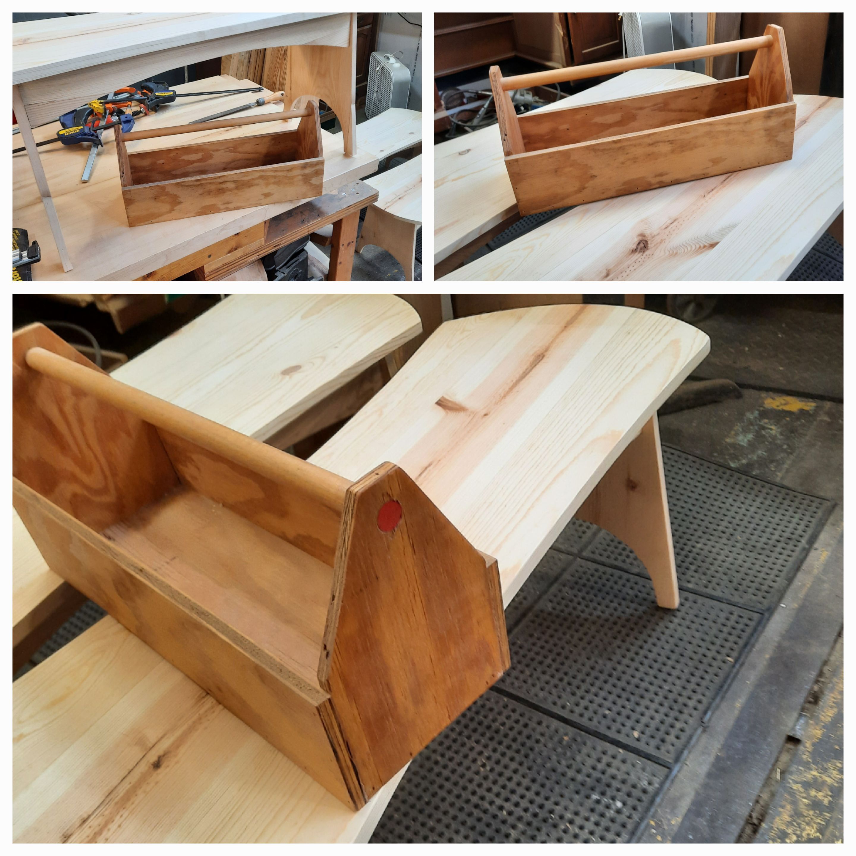 Some handmade wooden boxes in a workshop