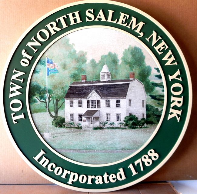 X33143 - Carved Wall Plaque of the Seal of the Town of North salem,New York, with  scene of heritage building