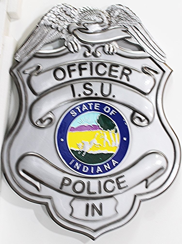 PP-1513 - Carved 3-D Bas-Relief Wall Plaque of the Badge of an Officer of the Indiana State Police (I.S.U.)