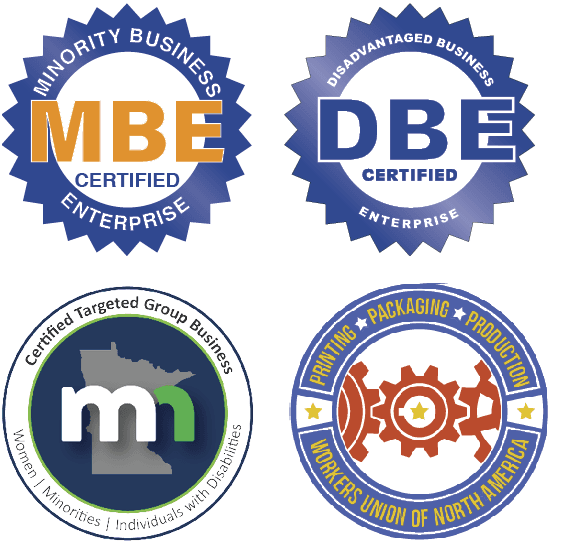Certification logos including FSC Certified, Union, MBE, and DBE