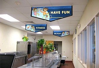 Elementary school café serving line with 3 fun banners hanging above, school banners, fitness characters