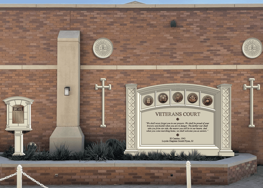 IP-1335 - Loyola High School Veterans' Court Monuments, with Five Service Seals, Crosses, and IHS Sunburst Plaques 