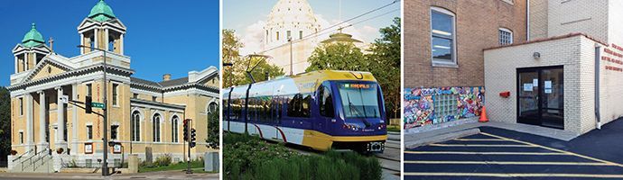 Christ Lutheran on Capitol Hill, Light Rail train on University Ave behind Capitol, back entrance to Daily Work