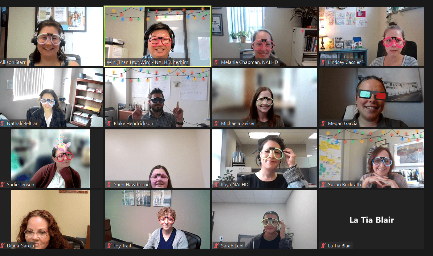 Screenshot of 14 people on a Zoom call. They are wearing funny glasses. 