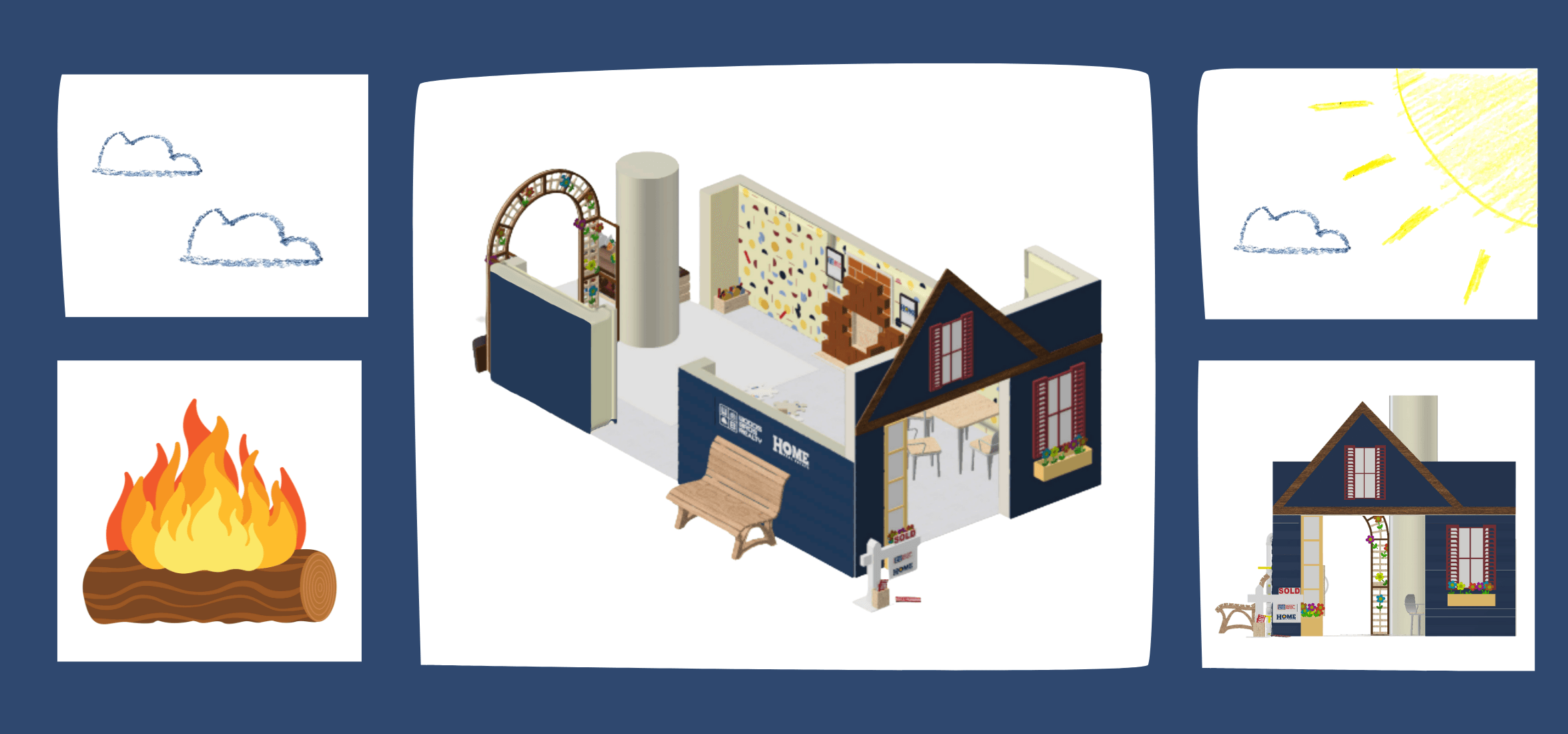 Collage of renders and elements of the tiny house