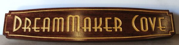 L21868 - Carved Mahogany Quarterboard Sign with Gold Leaf Gilded Text for Seashore Home "Dreammaker Cove"