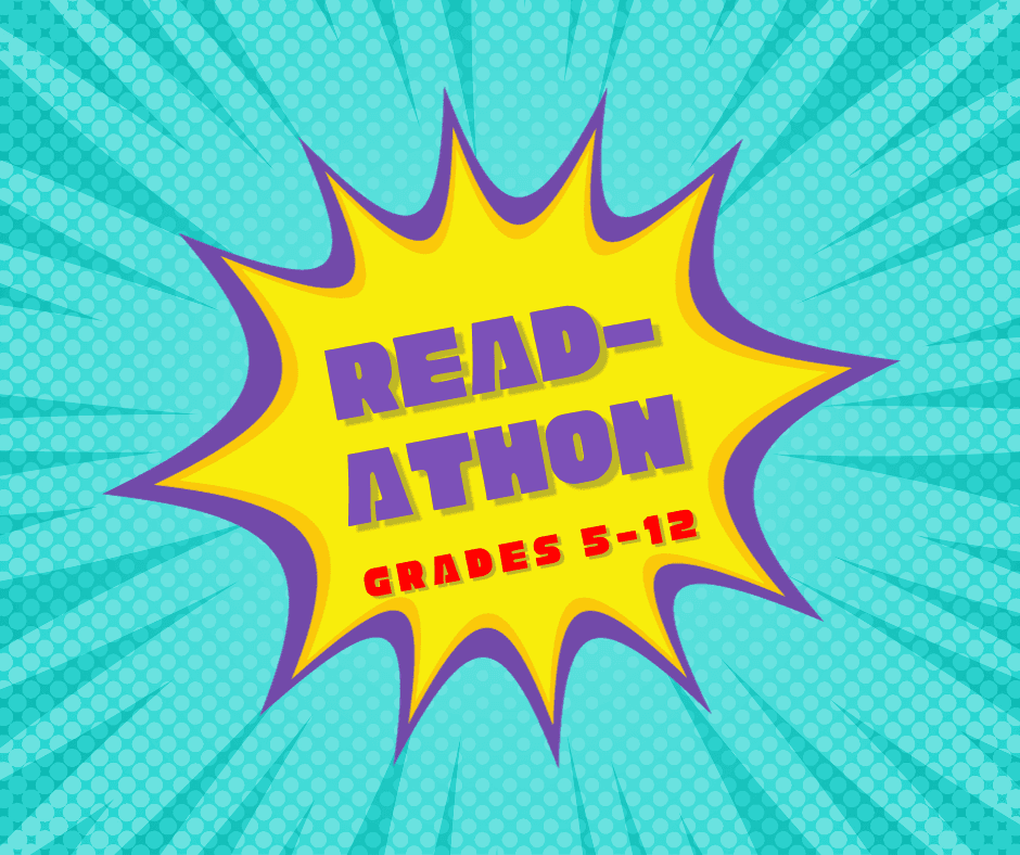 The words "read-athon" displayed in a cartoon, yellow explosion