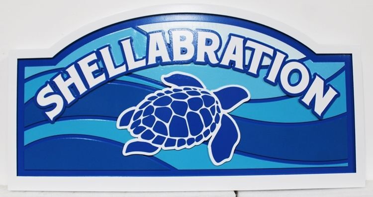 L21664A - Carved Coastal Home Sign, "Shellabration” , featuring a Swimming Sea Turtle