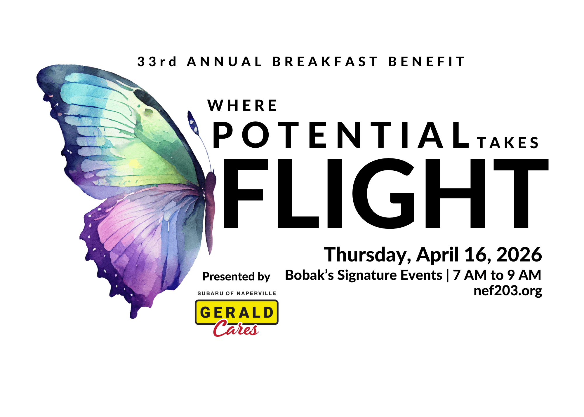 Image of a butterfly with text that reads "33rd Annual Breakfast Benefit Where Potential Takes Flight"