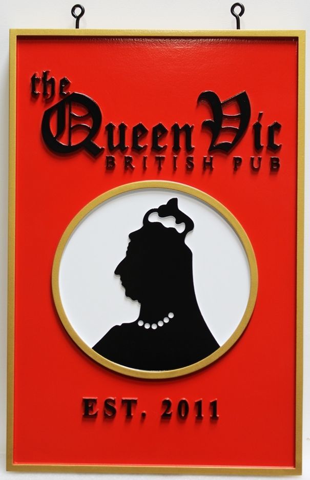 RB22626  - Carved 2.5-D Multi-level Raised Relief  Sign  for the "Queen Vic" British Pub with a Profile of Queen Victoria as Artwork