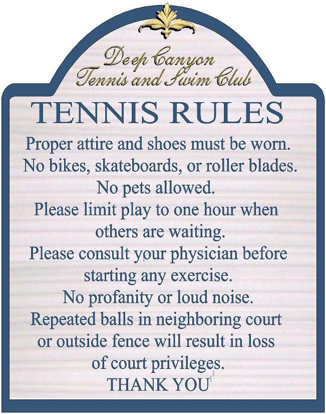 GB16857 - Carved HDU Tennis Court  Rules Sign for the Deep Canyon Tennis and Swim Club